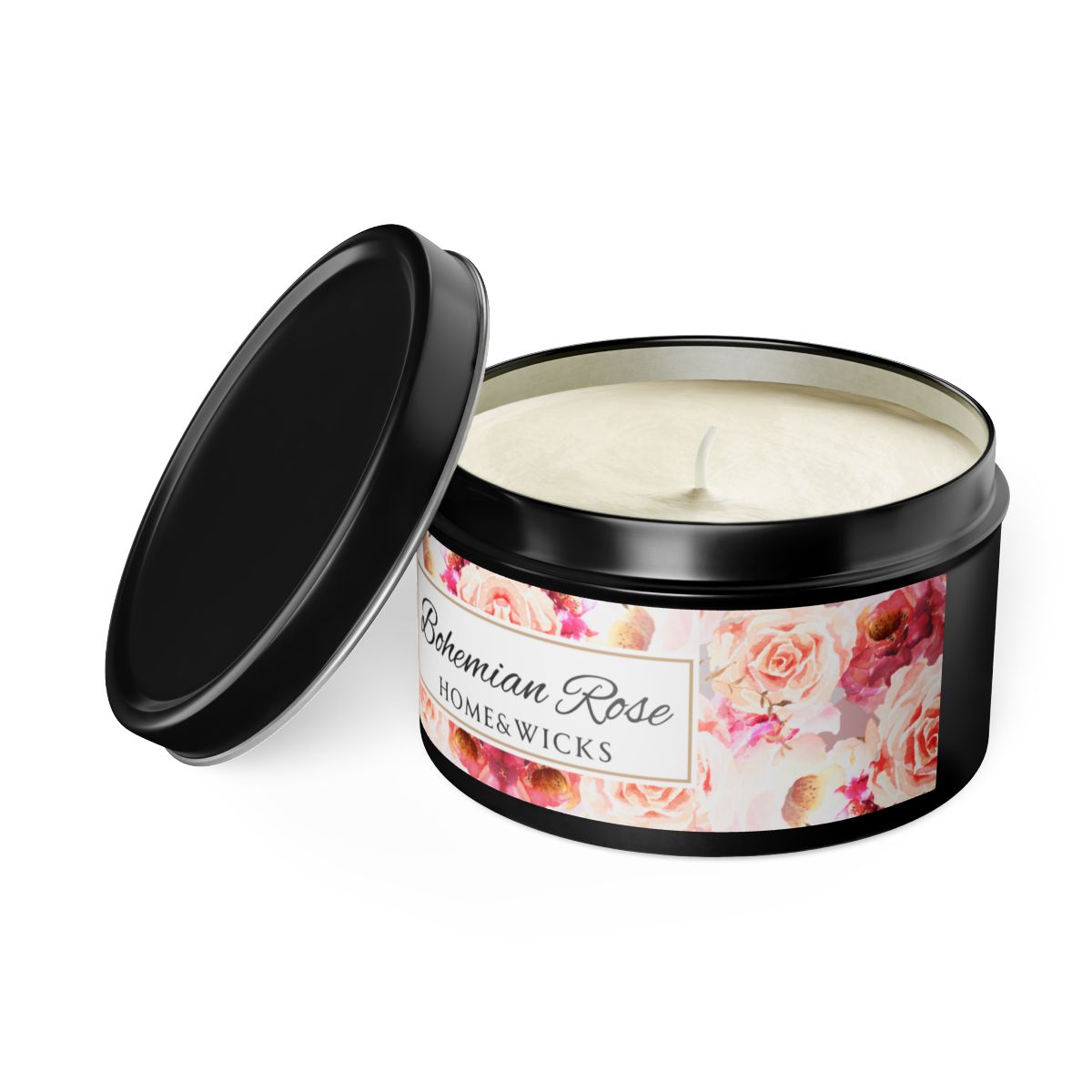 Bohemian Rose Coconut Soy Wax Candle, 8 oz. Black Tin Jar with Lid - Rose Scented Candle, Floral Candle, Valentines Day Gift