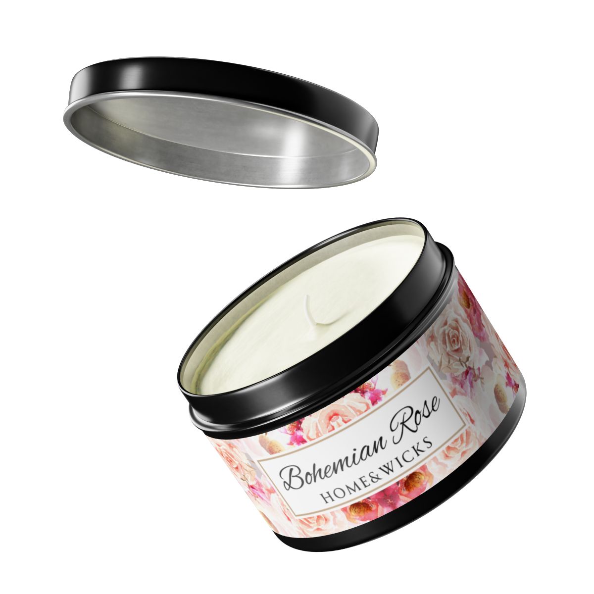 Bohemian Rose Coconut Soy Wax Candle, 8 oz. Black Tin Jar with Lid - Rose Scented Candle, Floral Candle, Valentines Day Gift