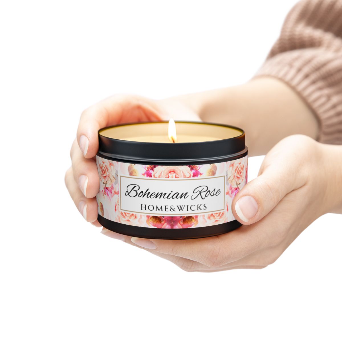 Bohemian Rose Coconut Soy Wax Candle, 8 oz. Black Tin Jar with Lid - Rose Scented Candle, Floral Candle, Valentines Day Gift