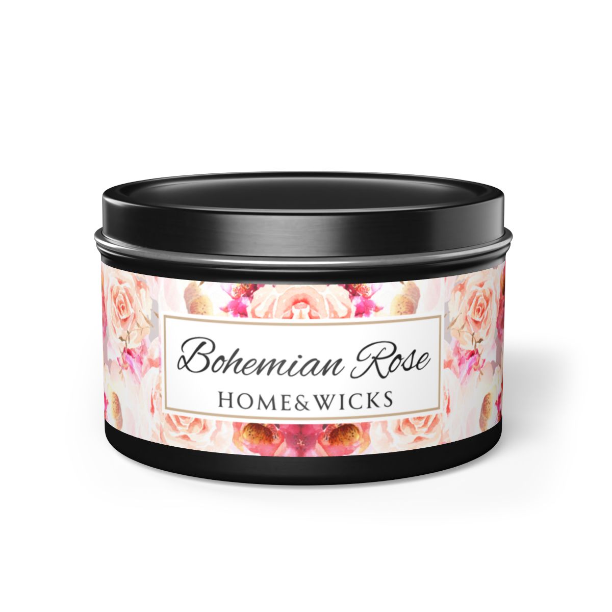 Bohemian Rose Coconut Soy Wax Candle, 8 oz. Black Tin Jar with Lid - Rose Scented Candle, Floral Candle, Valentines Day Gift