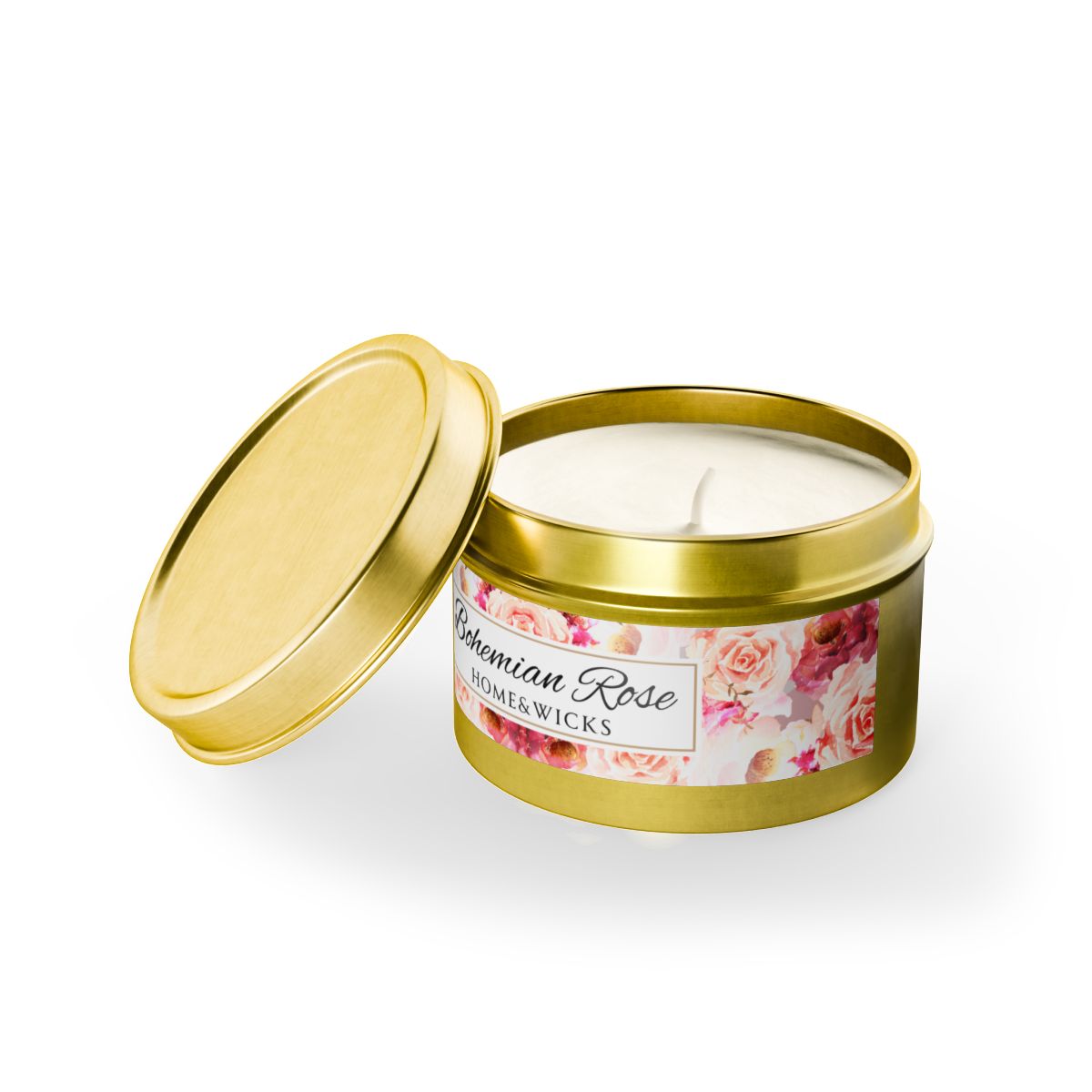 Bohemian Rose Coconut Soy Wax Candle, 4 oz. Gold Tin Jar with Lid - Rose Scented Candle, Floral Candle, Valentines Day Gift