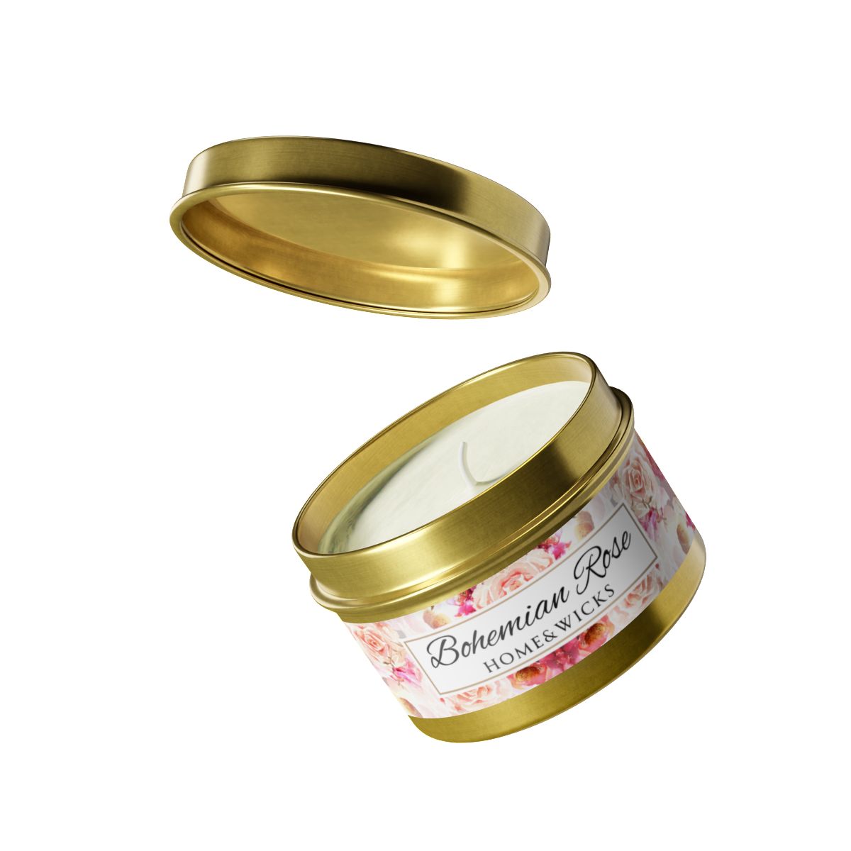Bohemian Rose Coconut Soy Wax Candle, 4 oz. Gold Tin Jar with Lid - Rose Scented Candle, Floral Candle, Valentines Day Gift