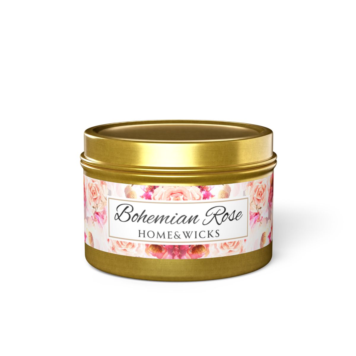 Bohemian Rose Coconut Soy Wax Candle, 4 oz. Gold Tin Jar with Lid - Rose Scented Candle, Floral Candle, Valentines Day Gift