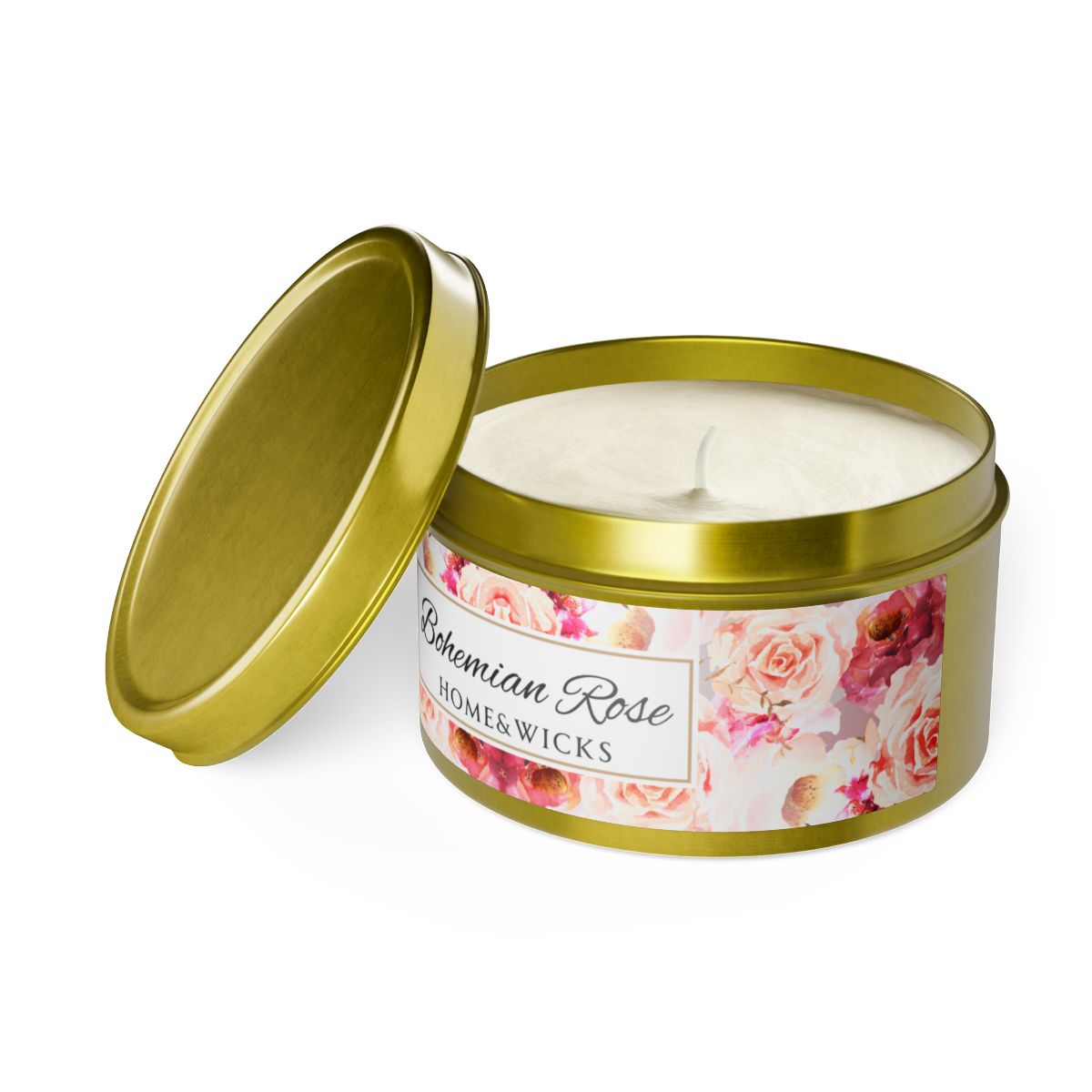 Bohemian Rose Coconut Soy Wax Candle, 8 oz. Gold Tin Jar with Lid - Rose Scented Candle, Floral Candle, Valentines Day Gift