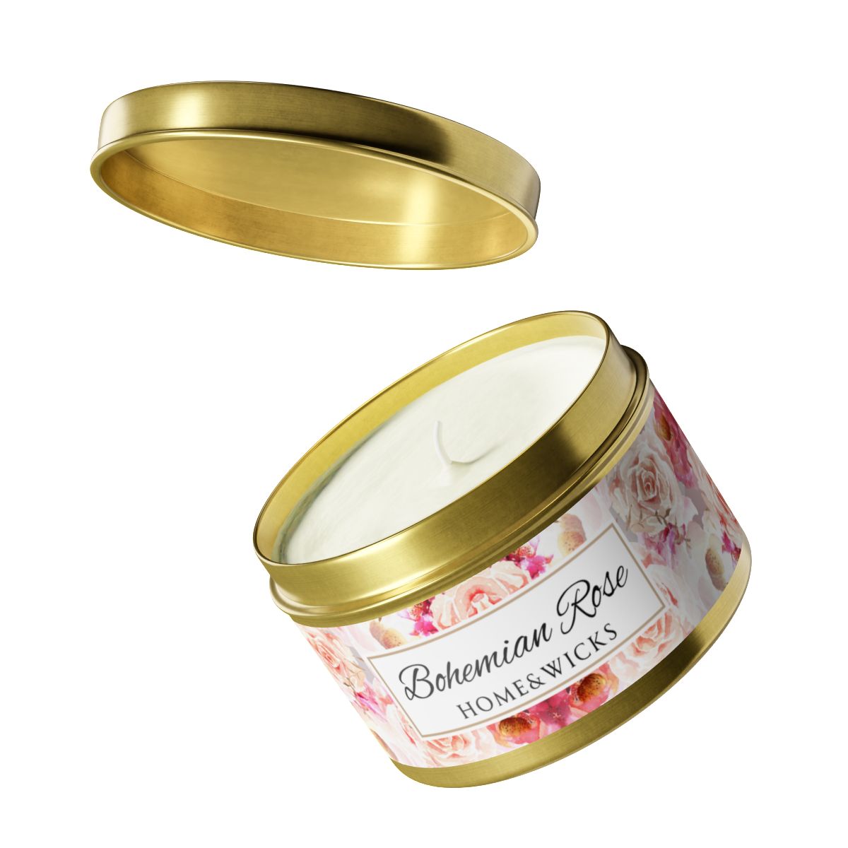 Bohemian Rose Coconut Soy Wax Candle, 8 oz. Gold Tin Jar with Lid - Rose Scented Candle, Floral Candle, Valentines Day Gift