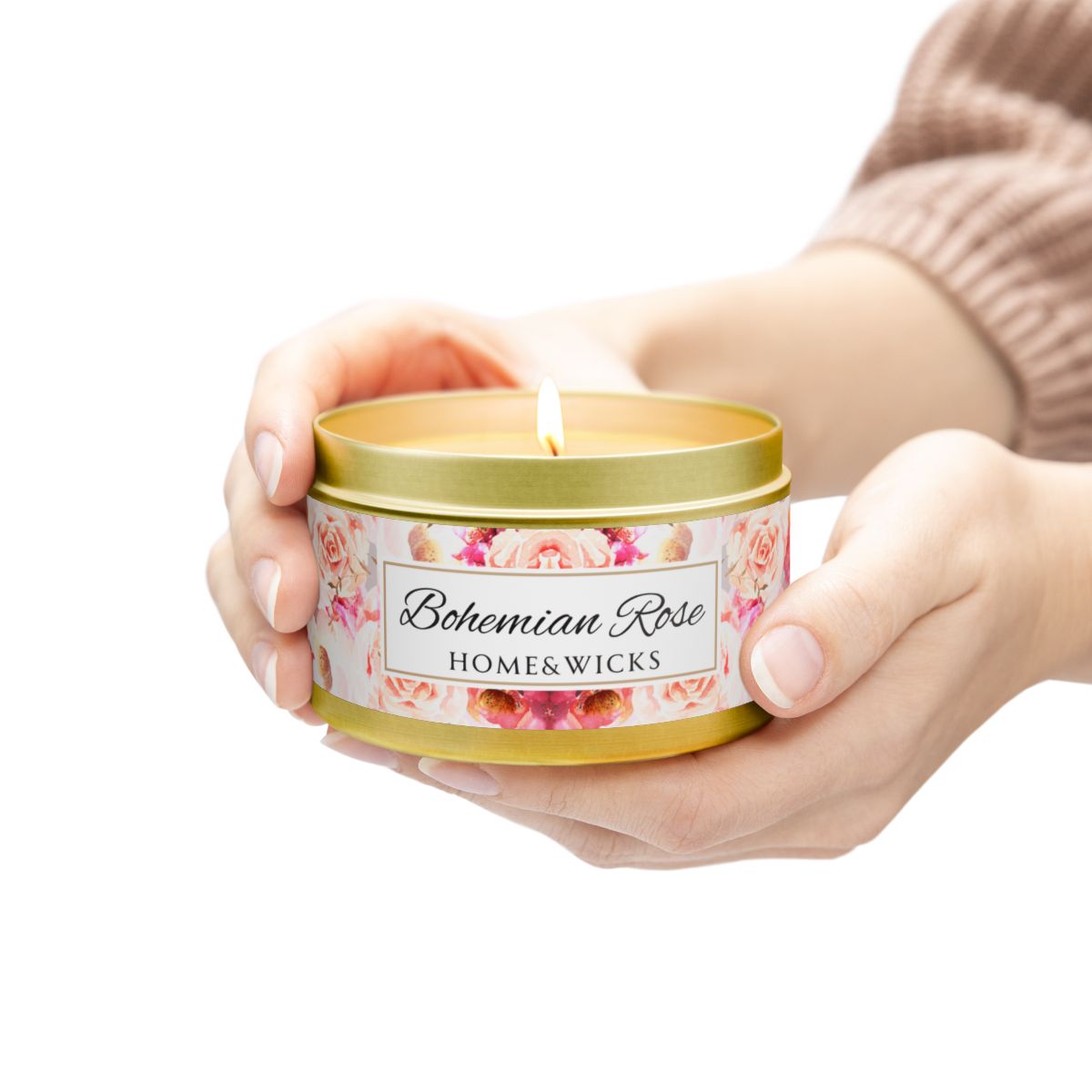 Bohemian Rose Coconut Soy Wax Candle, 8 oz. Gold Tin Jar with Lid - Rose Scented Candle, Floral Candle, Valentines Day Gift