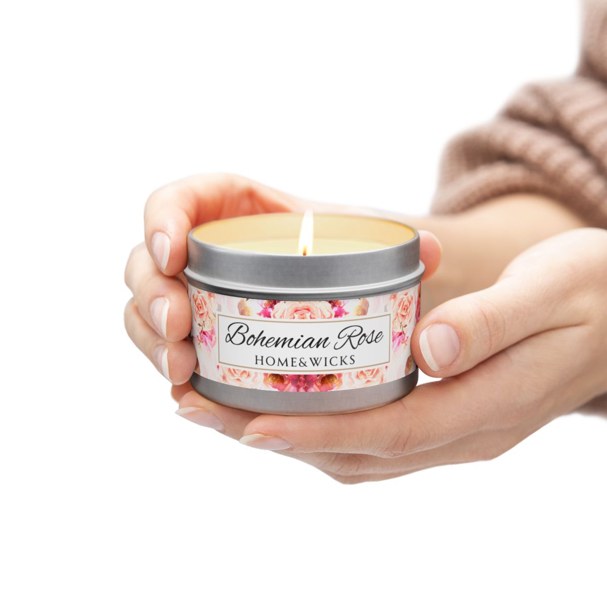 Bohemian Rose Coconut Soy Wax Candle, 4 oz. Silver Tin Jar with Lid - Rose Scented Candle, Floral Candle, Valentines Day Gift