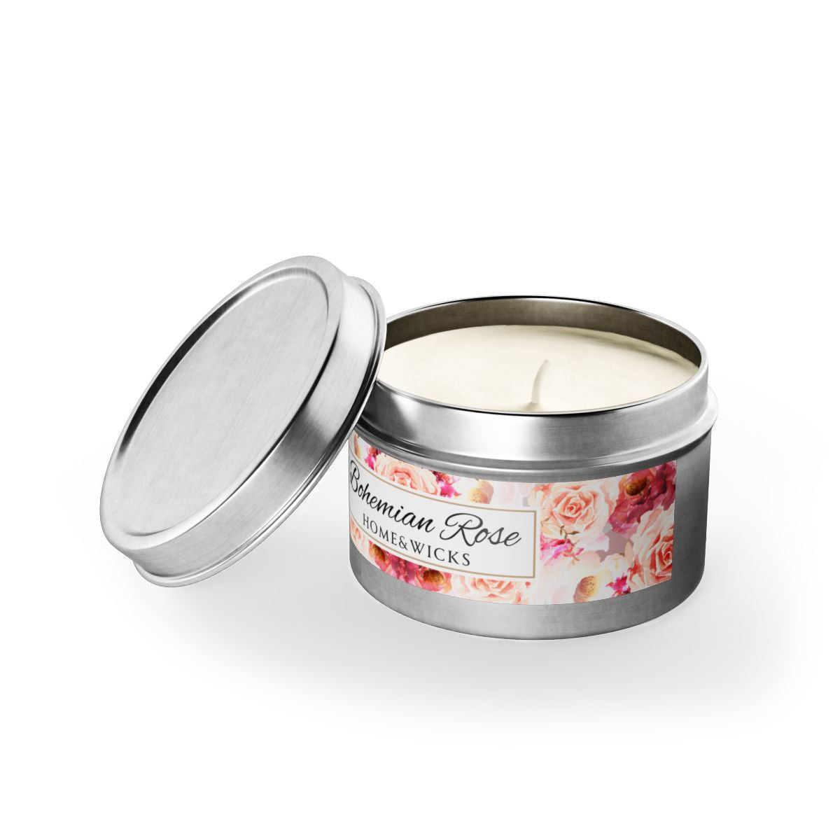 Bohemian Rose Coconut Soy Wax Candle, 4 oz. Silver Tin Jar with Lid - Rose Scented Candle, Floral Candle, Valentines Day Gift