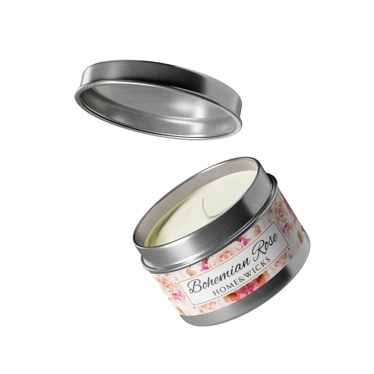 Bohemian Rose Coconut Soy Wax Candle, 4 oz. Silver Tin Jar with Lid - Rose Scented Candle, Floral Candle, Valentines Day Gift