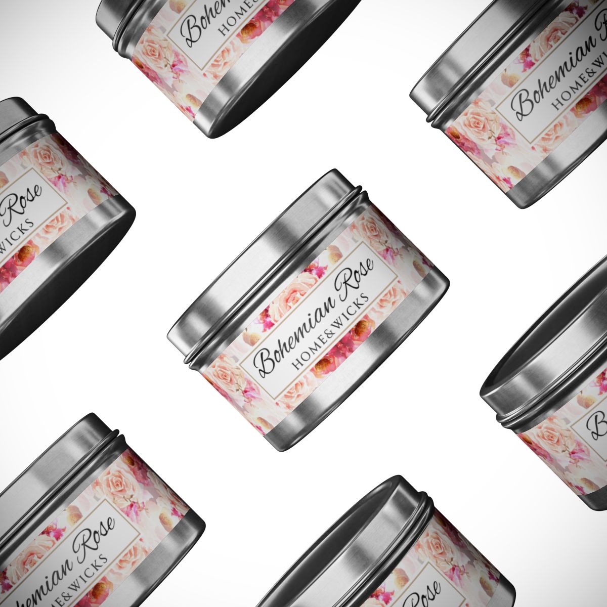 Bohemian Rose Coconut Soy Wax Candle, 4 oz. Silver Tin Jar with Lid - Rose Scented Candle, Floral Candle, Valentines Day Gift