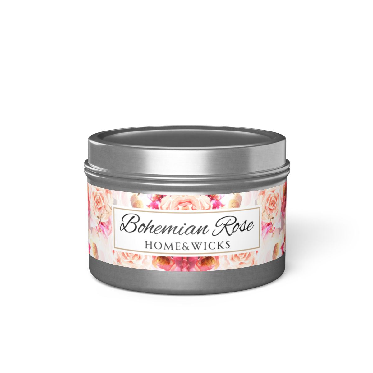 Bohemian Rose Coconut Soy Wax Candle, 4 oz. Silver Tin Jar with Lid - Rose Scented Candle, Floral Candle, Valentines Day Gift