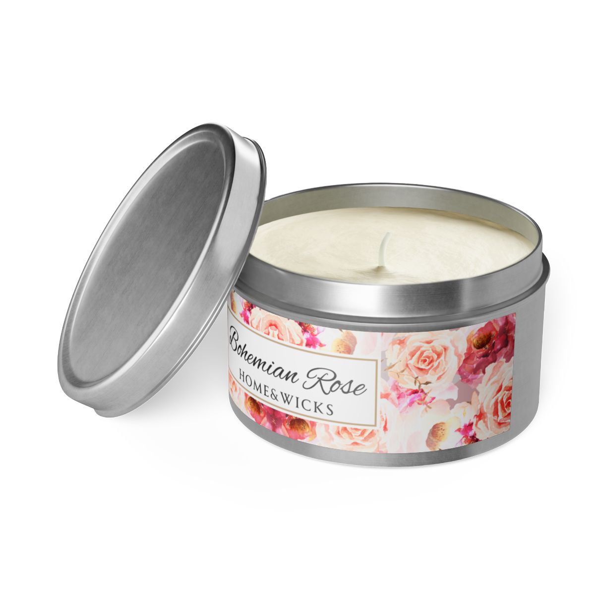 Bohemian Rose Coconut Soy Wax Candle, 8 oz. Silver Tin Jar with Lid - Rose Scented Candle, Floral Candle, Valentines Day Gift
