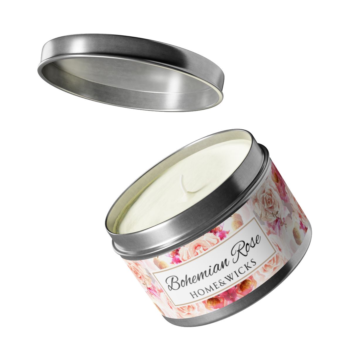 Bohemian Rose Coconut Soy Wax Candle, 8 oz. Silver Tin Jar with Lid - Rose Scented Candle, Floral Candle, Valentines Day Gift