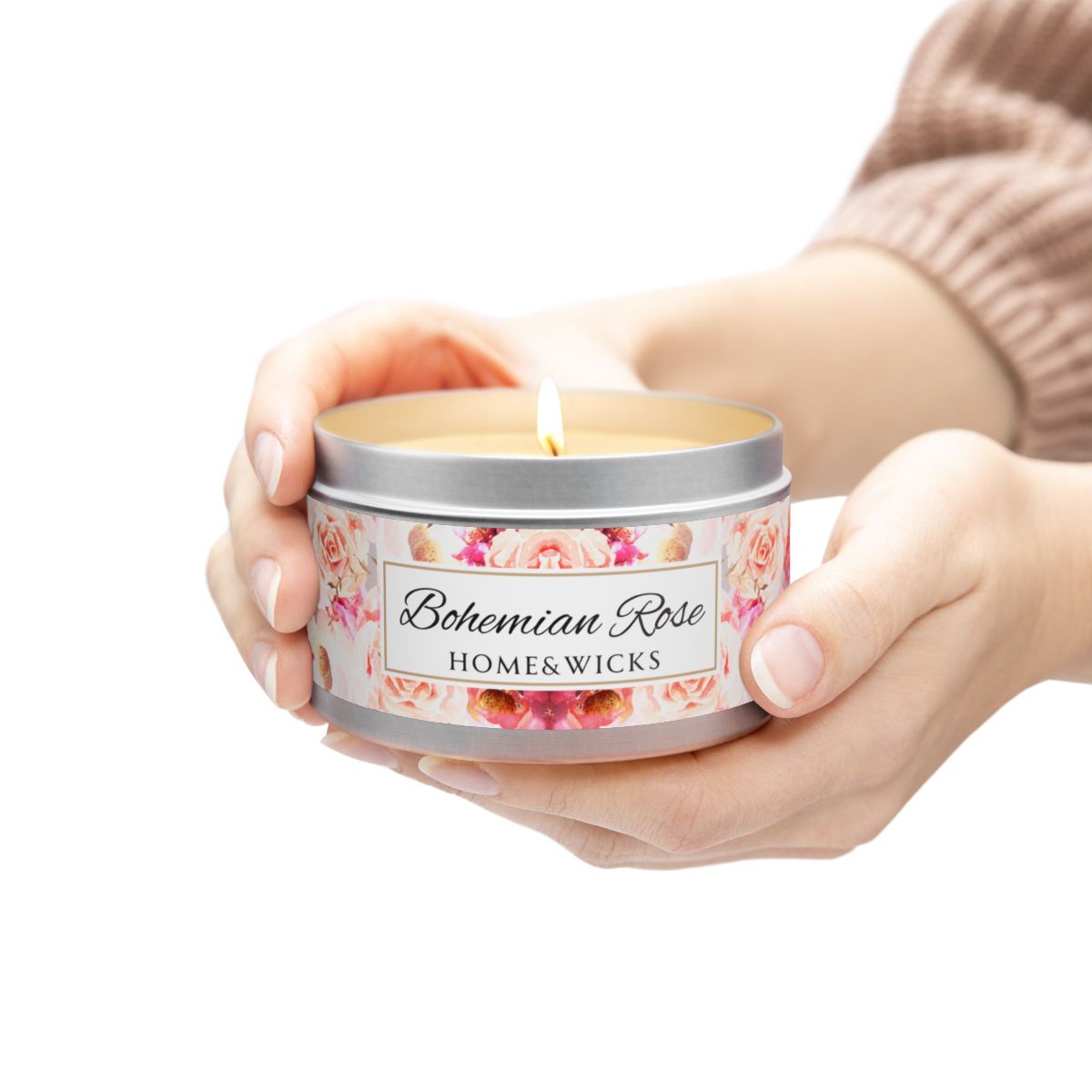 Bohemian Rose Coconut Soy Wax Candle, 8 oz. Silver Tin Jar with Lid - Rose Scented Candle, Floral Candle, Valentines Day Gift