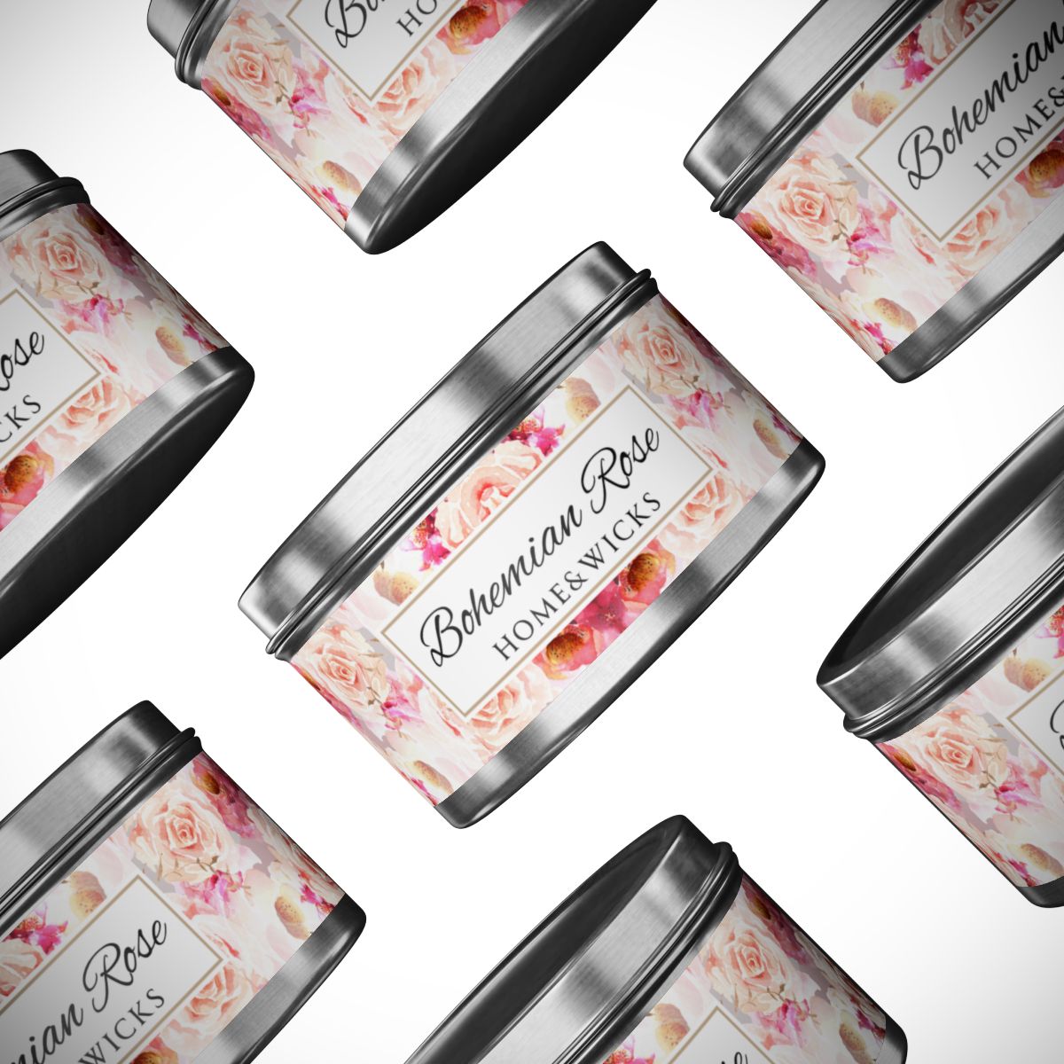 Bohemian Rose Coconut Soy Wax Candle, 8 oz. Silver Tin Jar with Lid - Rose Scented Candle, Floral Candle, Valentines Day Gift