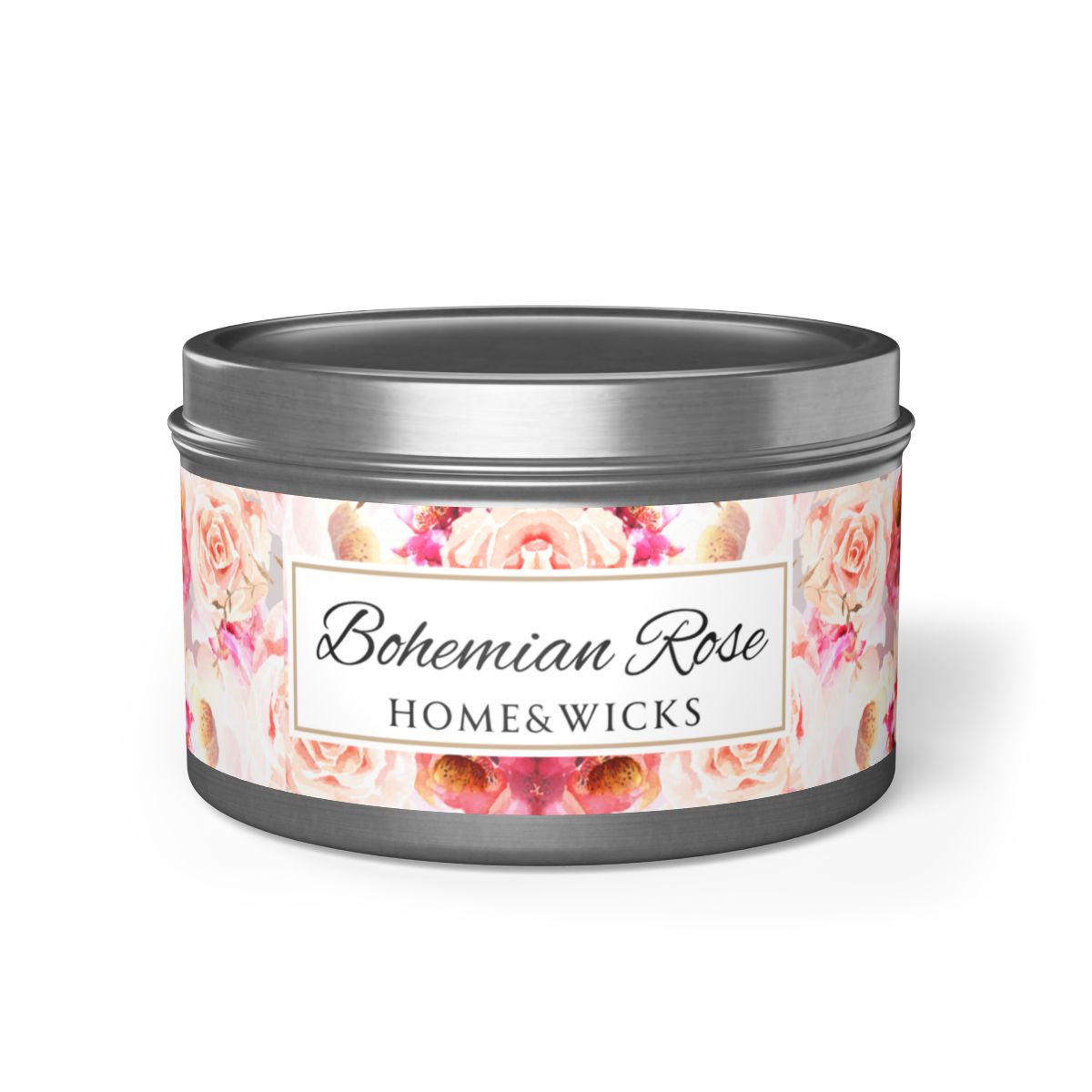 Bohemian Rose Coconut Soy Wax Candle, 8 oz. Silver Tin Jar with Lid - Rose Scented Candle, Floral Candle, Valentines Day Gift