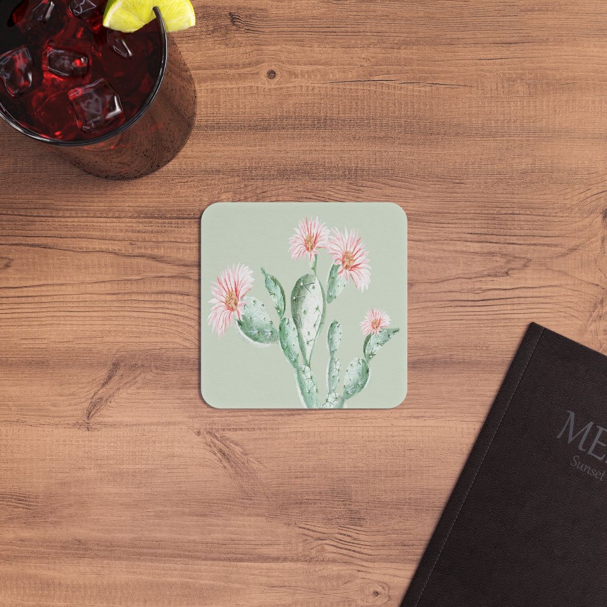Cactus Flower - Square Hardboard Coaster, Cork Backed - 3.75" x 3.75" - Priced per coaster