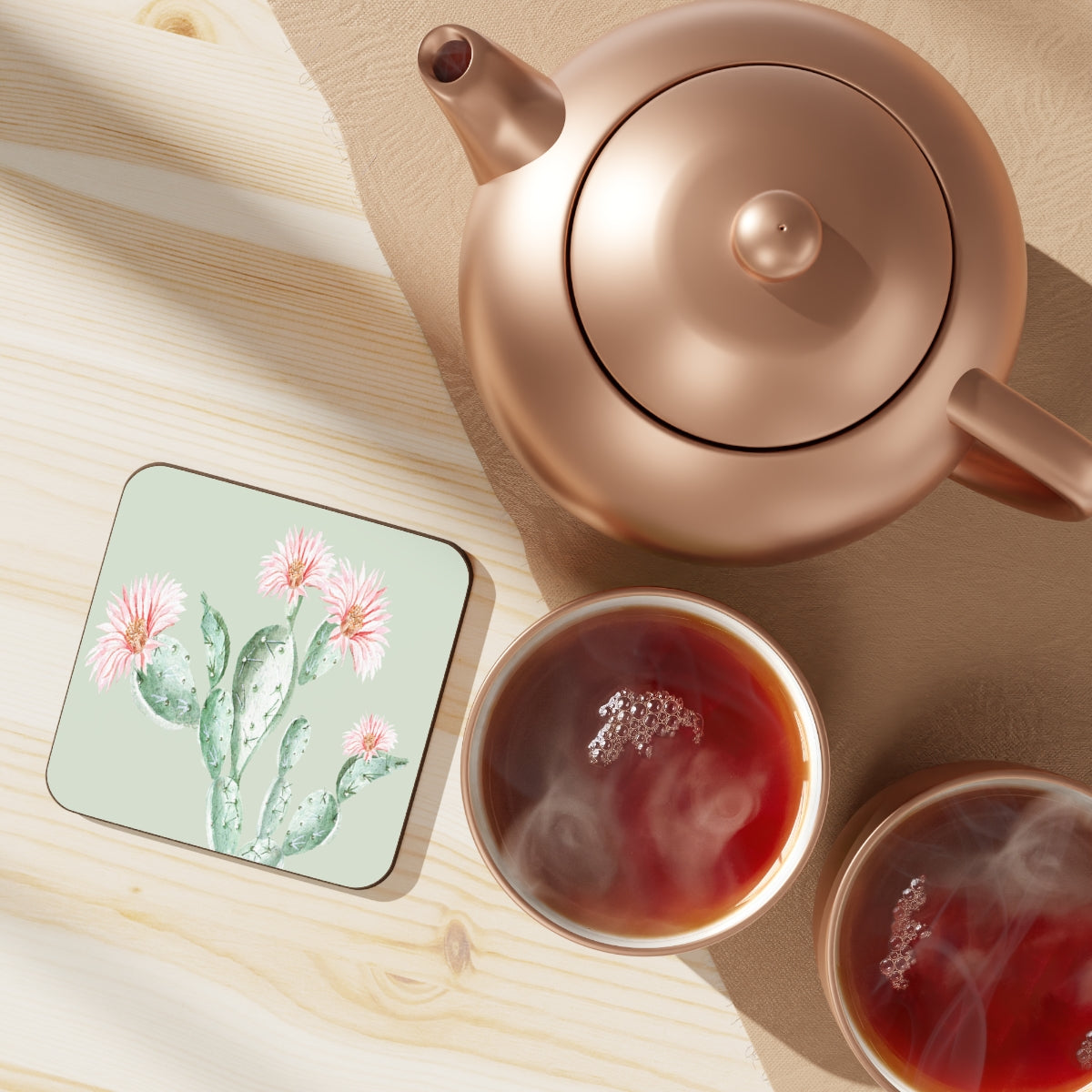 Cactus Flower - Square Hardboard Coaster, Cork Backed - 3.75" x 3.75" - Priced per coaster