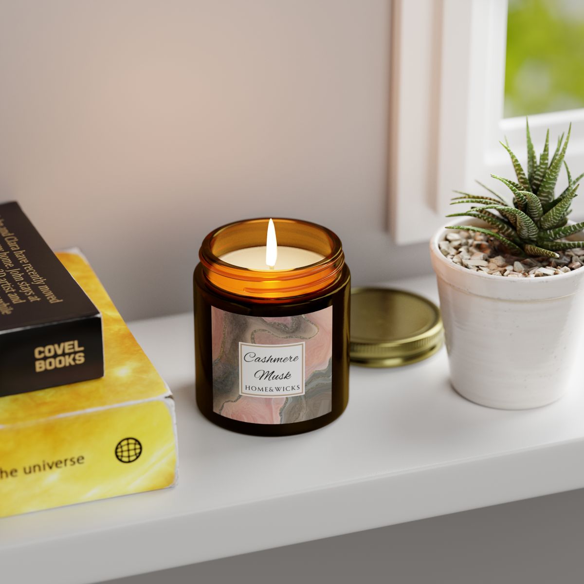 Cashmere Musk Coconut Apricot Wax Candle, 4 oz Amber Jar with Gold Lid, Cotton Wick - Luxe Scented Candle, Calming Aroma, Musk Floral Candle