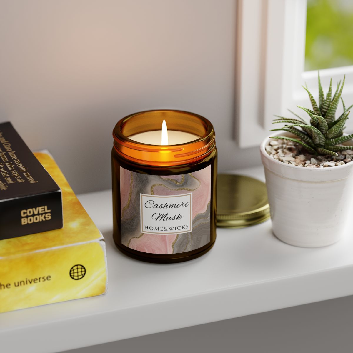 Cashmere Musk Coconut Apricot Wax Candle, Amber Jar with Gold Lid, Cotton Wick - Luxe Scented Candle, Calming Aroma, Musk Floral Candle
