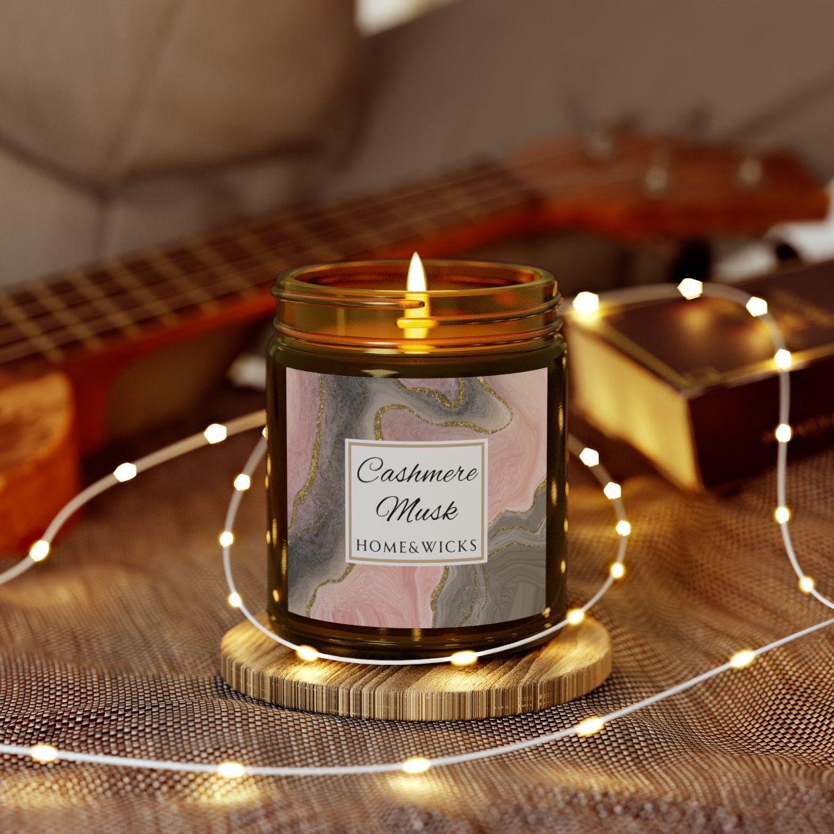 Cashmere Musk Coconut Apricot Wax Candle, Amber Jar with Gold Lid, Cotton Wick - Luxe Scented Candle, Calming Aroma, Musk Floral Candle