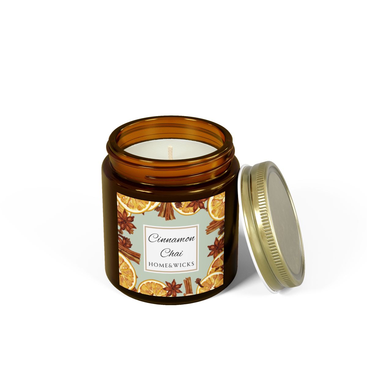 Cinnamon Chai Coconut Apricot Wax Candle, 4 oz. Amber Jar with Gold Lid, Cotton Wick- Cozy Aromatherapy, Spicy Scented Candle, Fall, Winter