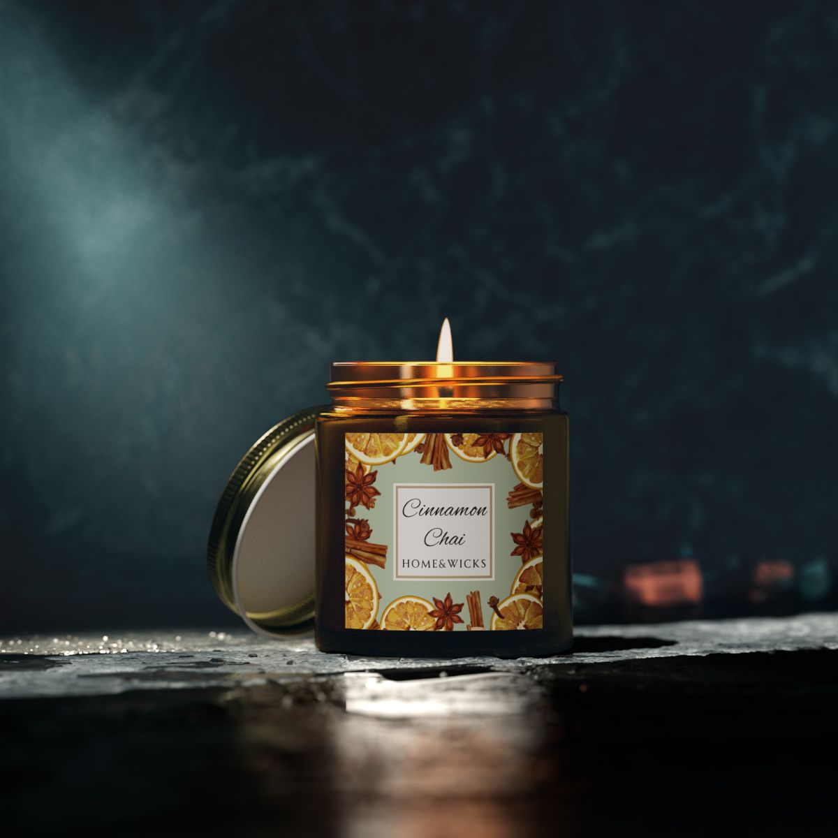 Cinnamon Chai Coconut Apricot Wax Candle, 4 oz. Amber Jar with Gold Lid, Cotton Wick- Cozy Aromatherapy, Spicy Scented Candle, Fall, Winter