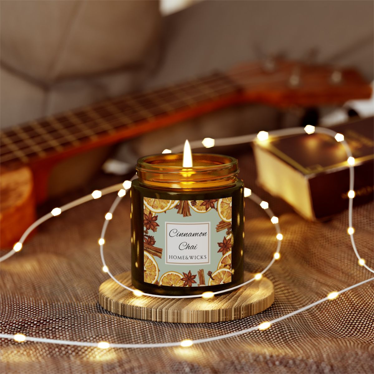Cinnamon Chai Coconut Apricot Wax Candle, 4 oz. Amber Jar with Gold Lid, Cotton Wick- Cozy Aromatherapy, Spicy Scented Candle, Fall, Winter