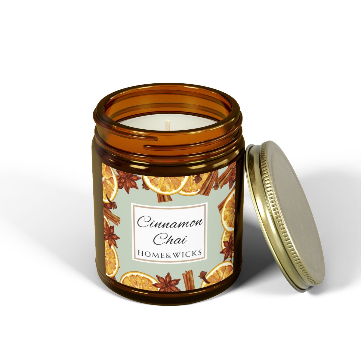 Cinnamon Chai Coconut Apricot Wax Candle, 9 oz. Amber Jar with Gold Lid, Cotton Wick- Cozy Aromatherapy, Spicy Scented Candle, Fall, Winter Candle