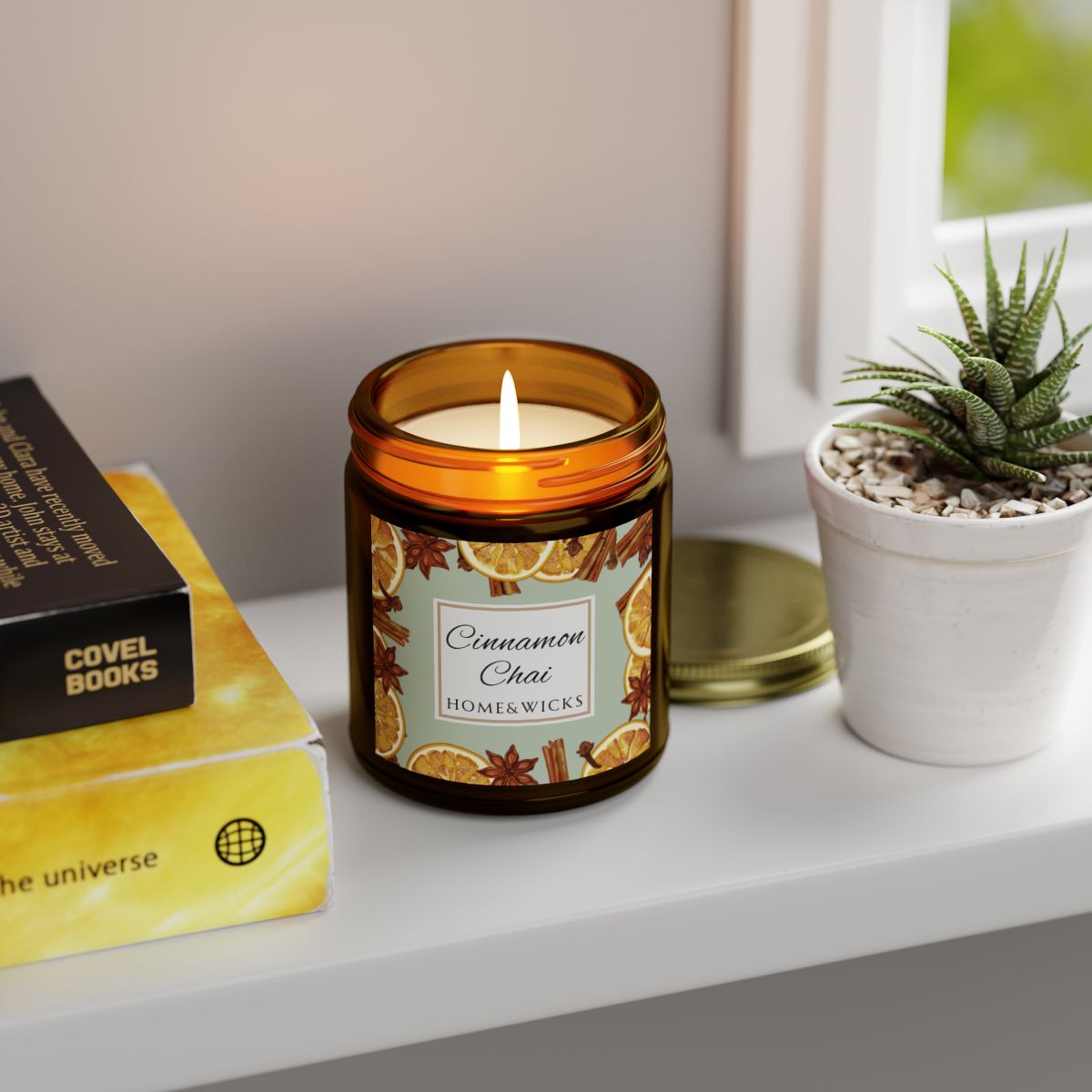 Cinnamon Chai Coconut Apricot Wax Candle, 9 oz. Amber Jar with Gold Lid, Cotton Wick- Cozy Aromatherapy, Spicy Scented Candle, Fall, Winter Candle