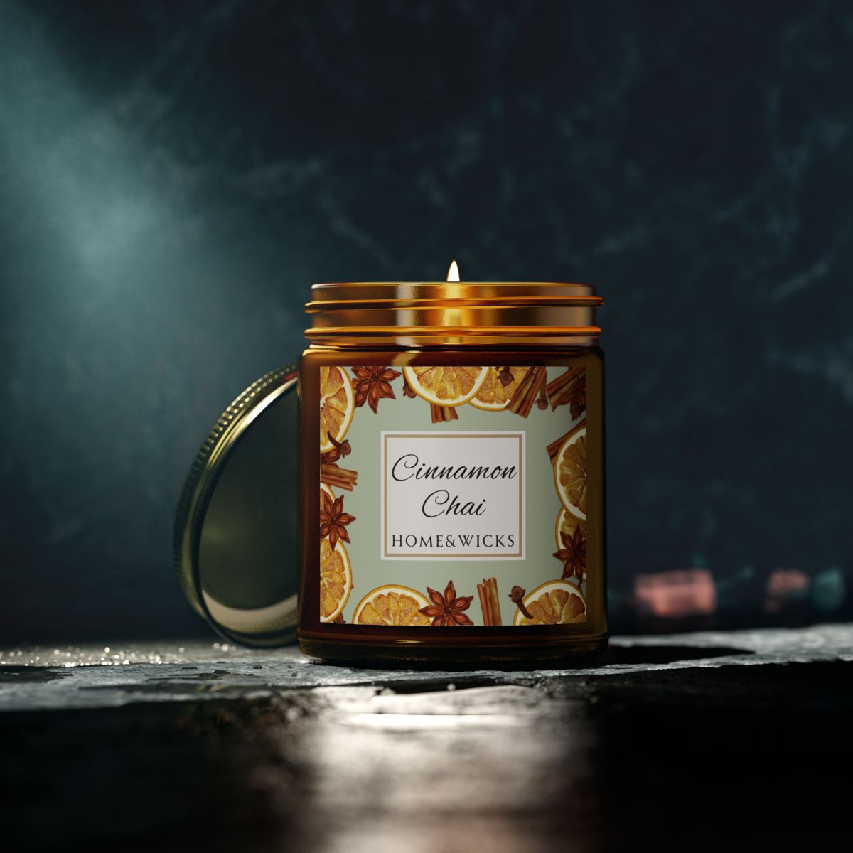 Cinnamon Chai Coconut Apricot Wax Candle, 9 oz. Amber Jar with Gold Lid, Cotton Wick- Cozy Aromatherapy, Spicy Scented Candle, Fall, Winter Candle