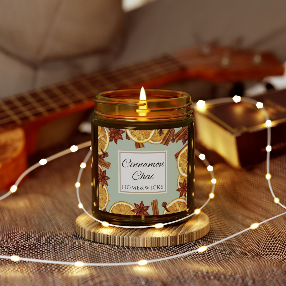 Cinnamon Chai Coconut Apricot Wax Candle, 9 oz. Amber Jar with Gold Lid, Cotton Wick- Cozy Aromatherapy, Spicy Scented Candle, Fall, Winter Candle