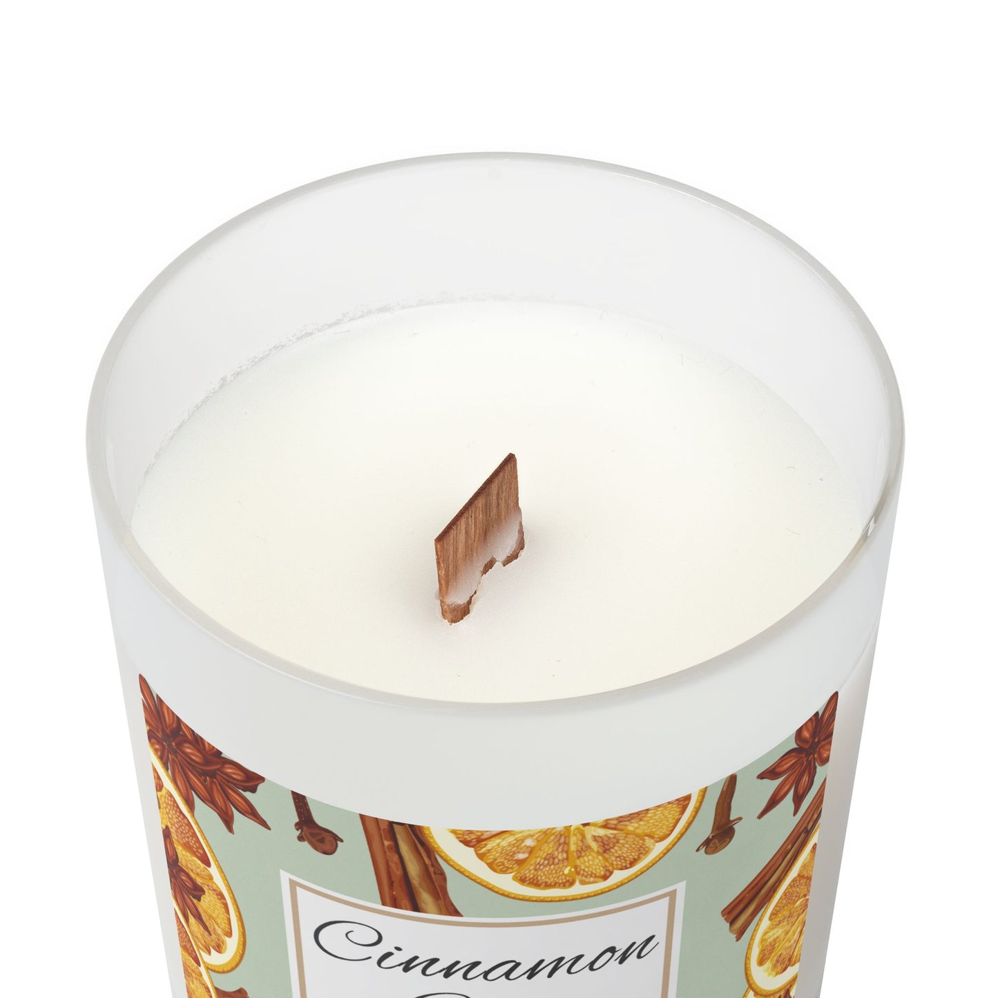 Candle with cinnamon and citrus design on a white background