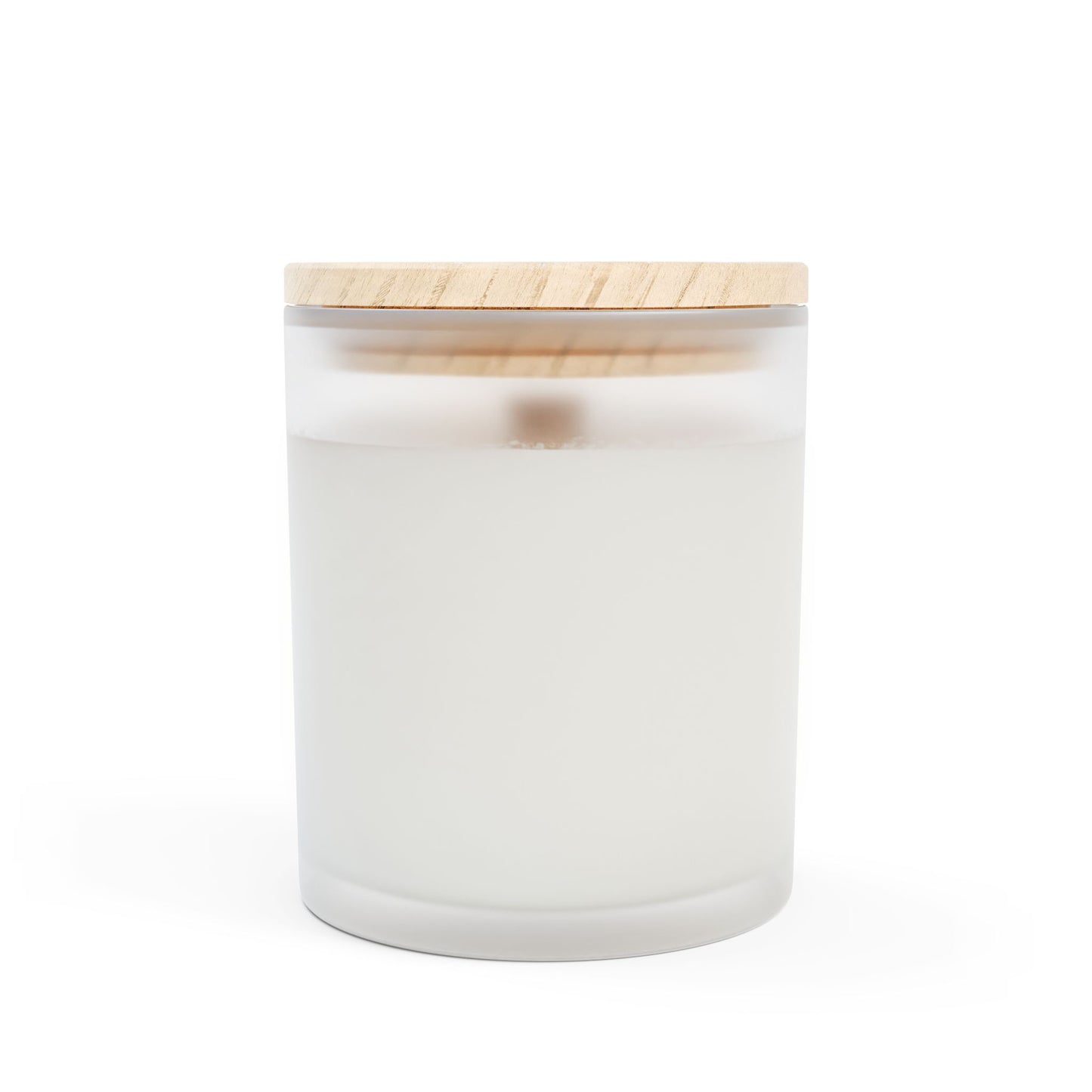 White candle in a glass jar with a wooden lid on a white background