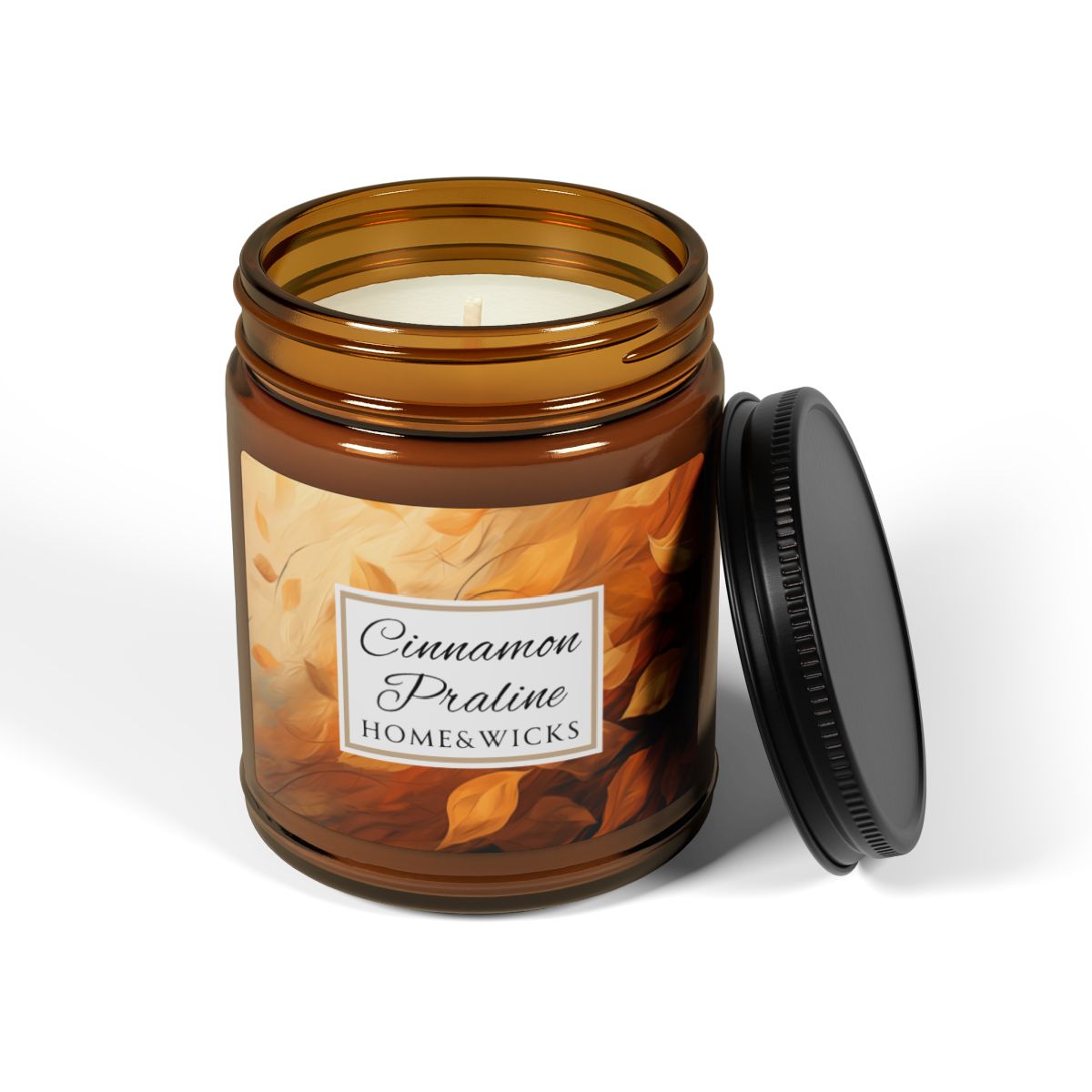 Cinnamon Praline Scented Soy Wax Candle, 9 oz. Amber Jar with Black Lid - Cozy Home Décor, Fall Scented Candle, Gourmand Candle, Thanksgiving Decor, Christmas Gifts