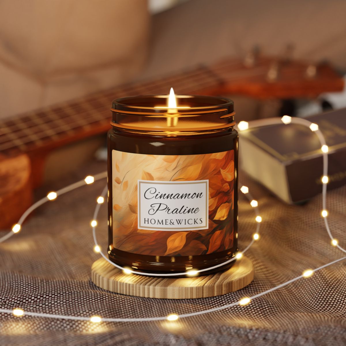 Cinnamon Praline Scented Soy Wax Candle, 9 oz. Amber Jar with Black Lid - Cozy Home Décor, Fall Scented Candle, Gourmand Candle, Thanksgiving Decor, Christmas Gifts