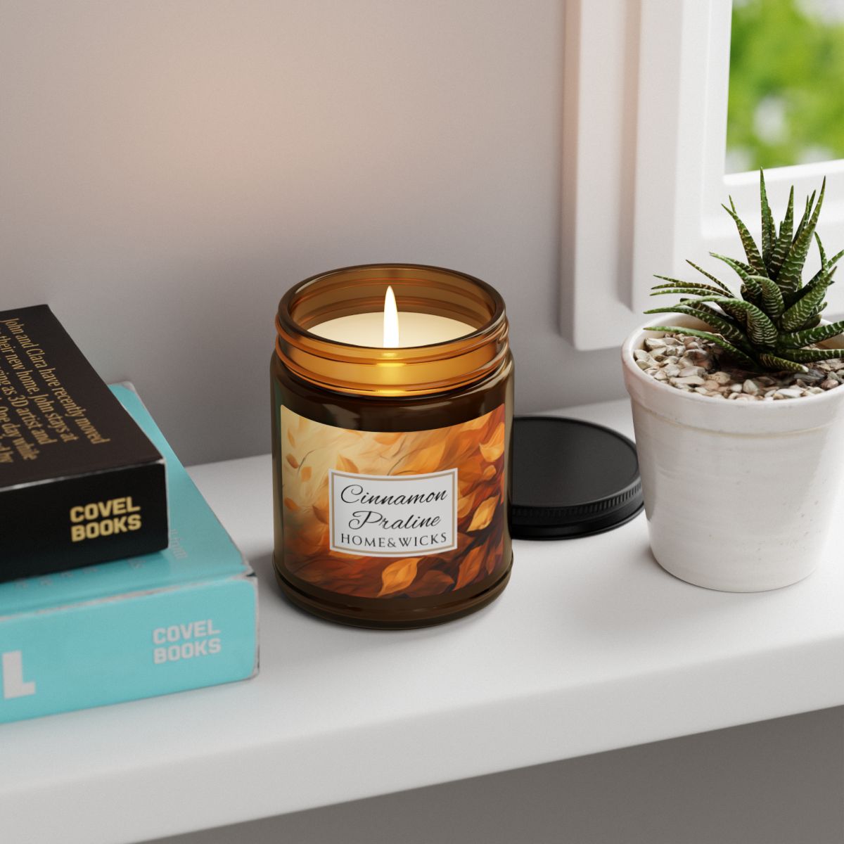 Cinnamon Praline Scented Soy Wax Candle, 9 oz. Amber Jar with Black Lid - Cozy Home Décor, Fall Scented Candle, Gourmand Candle, Thanksgiving Decor, Christmas Gifts