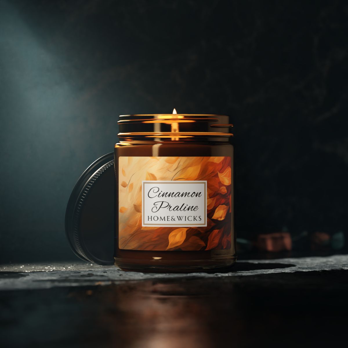 Cinnamon Praline Scented Soy Wax Candle, 9 oz. Amber Jar with Black Lid - Cozy Home Décor, Fall Scented Candle, Gourmand Candle, Thanksgiving Decor, Christmas Gifts