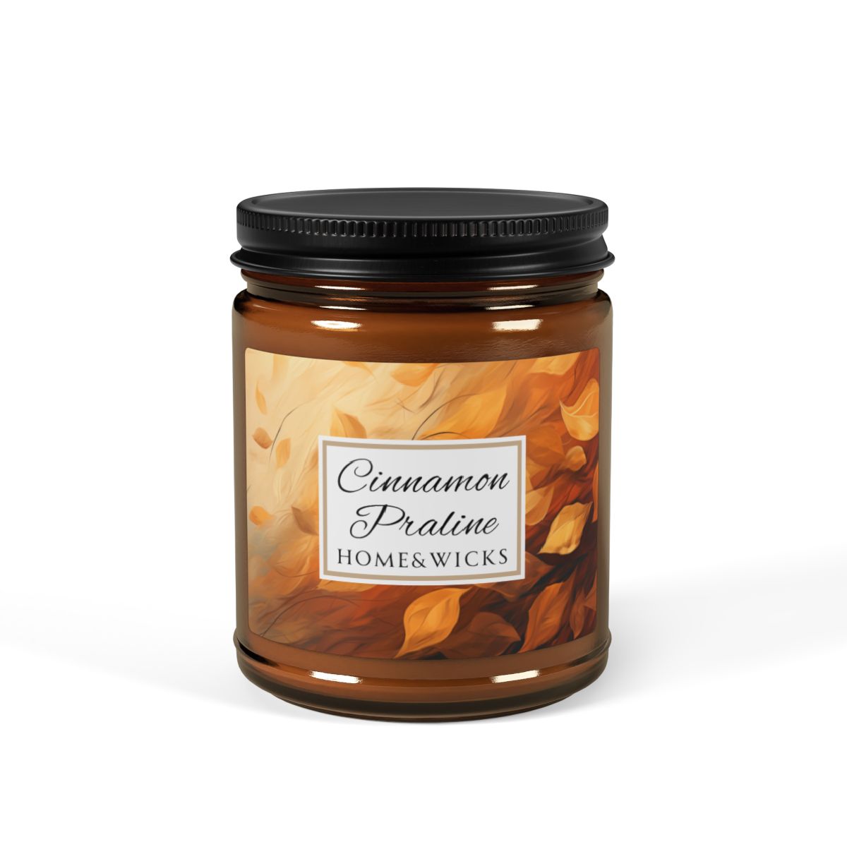 Cinnamon Praline Scented Soy Wax Candle, 9 oz. Amber Jar with Black Lid - Cozy Home Décor, Fall Scented Candle, Gourmand Candle, Thanksgiving Decor, Christmas Gifts