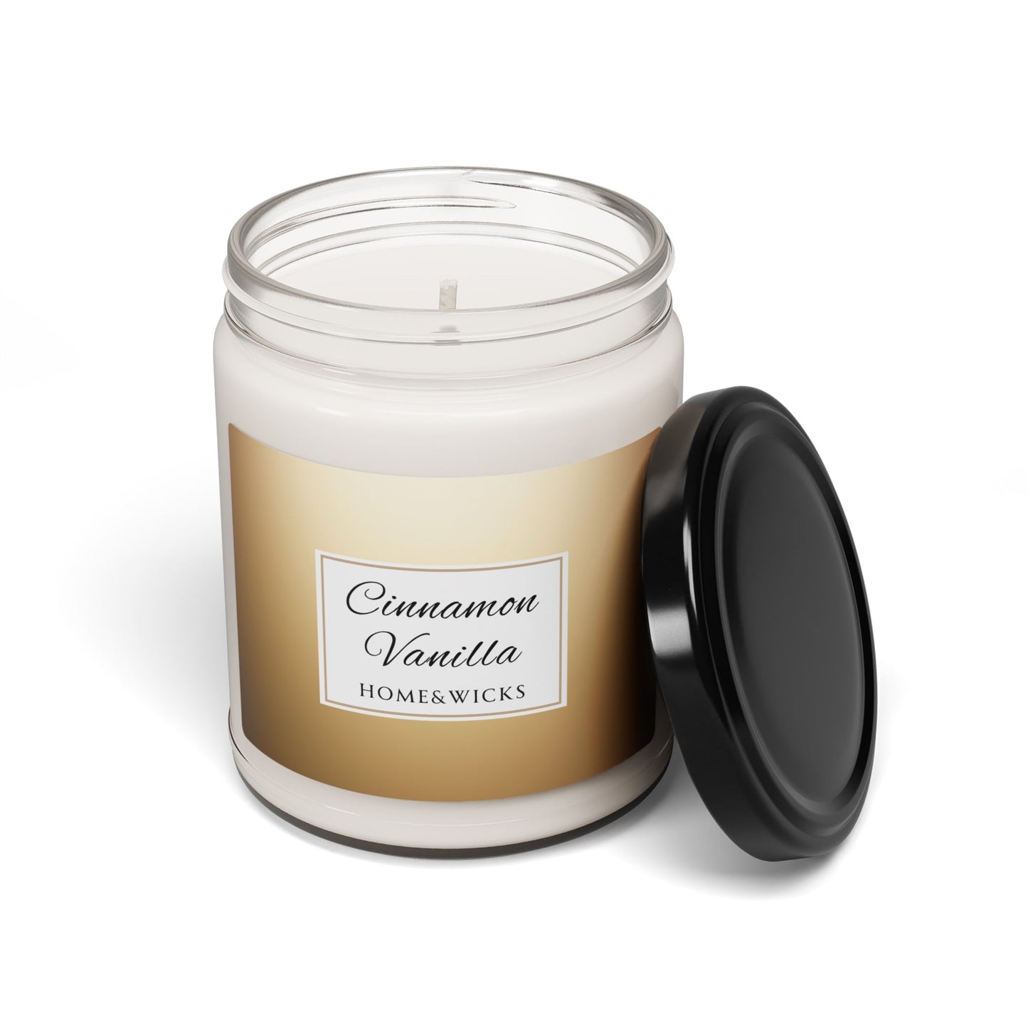 Candle jar with 'Cinnamon Vanilla' label on a white background