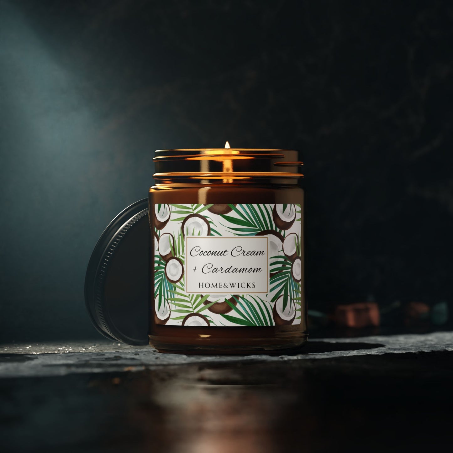 Candle in a jar with a decorative label on a dark background
