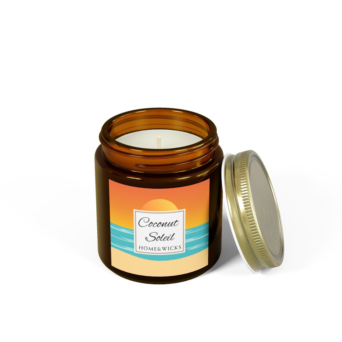 Coconut Soleil candle in 4 oz. amber glass jar with gold lid with a colorful sunset label on a white background by Home & Wicks