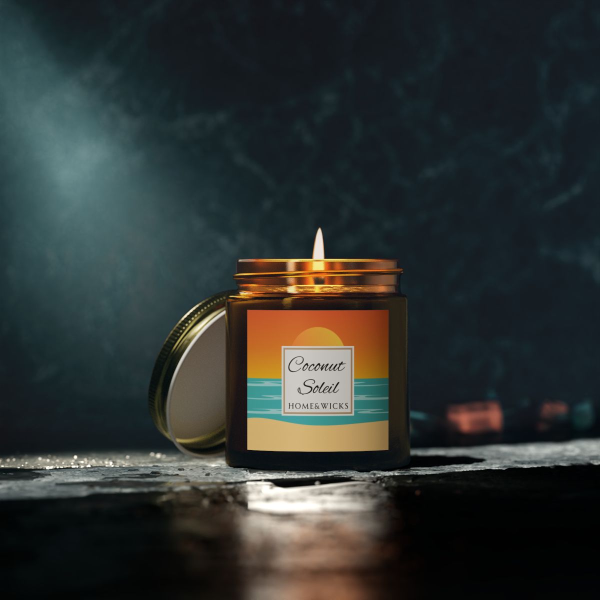 Coconut Soleil candle in 4 oz. amber glass jar with gold lid with a colorful sunset label on a white background by Home & Wicks on a dark background