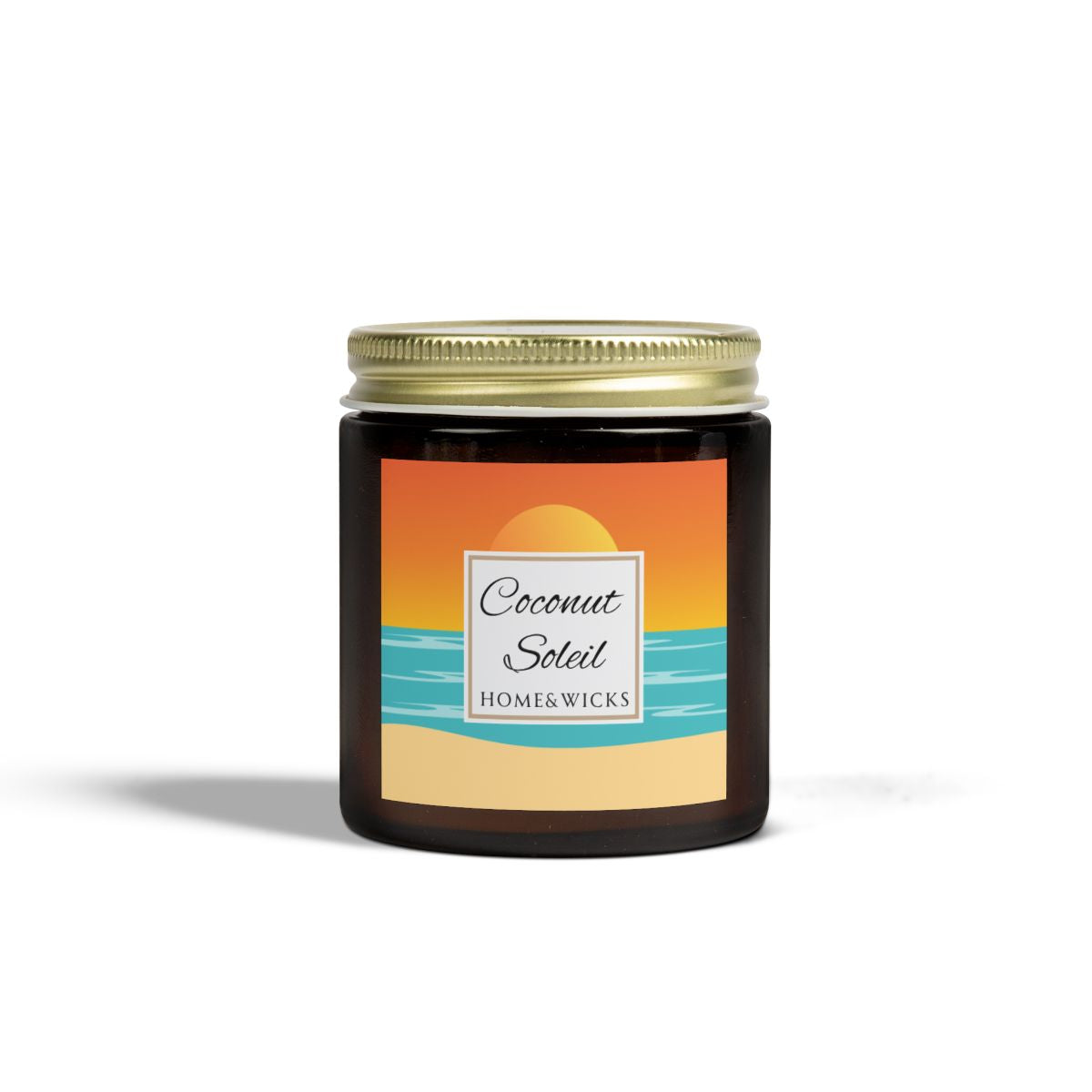 Coconut Soleil candle in 4 oz. amber glass jar with gold lid with a colorful sunset label on a white background by Home & Wicks