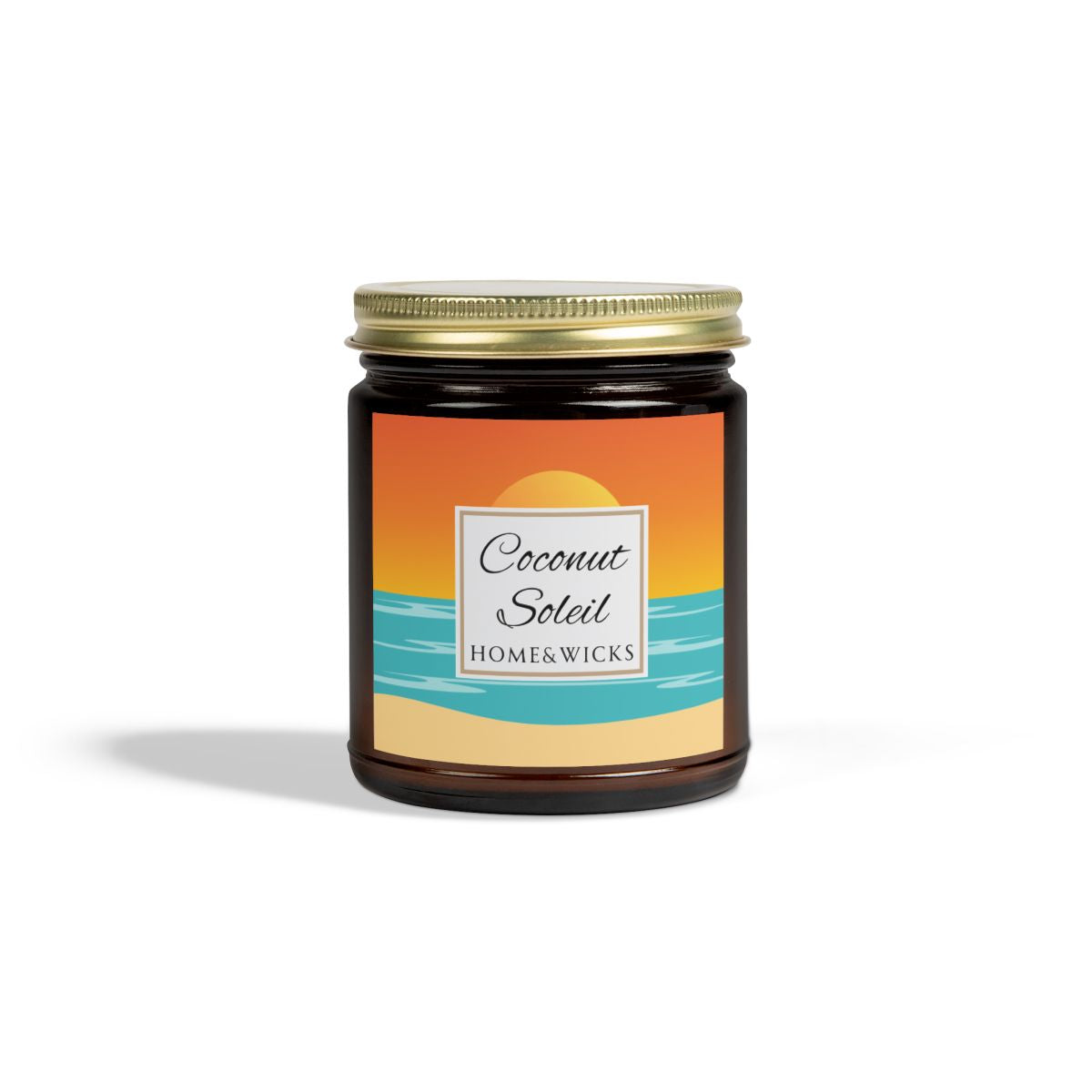 Coconut Soleil coconut apricot wax candle in an amber jar with gold lid with a colorful ocean sunset graphic label featuring 'Coconut Soleil' by Home & Wicks on a white background.