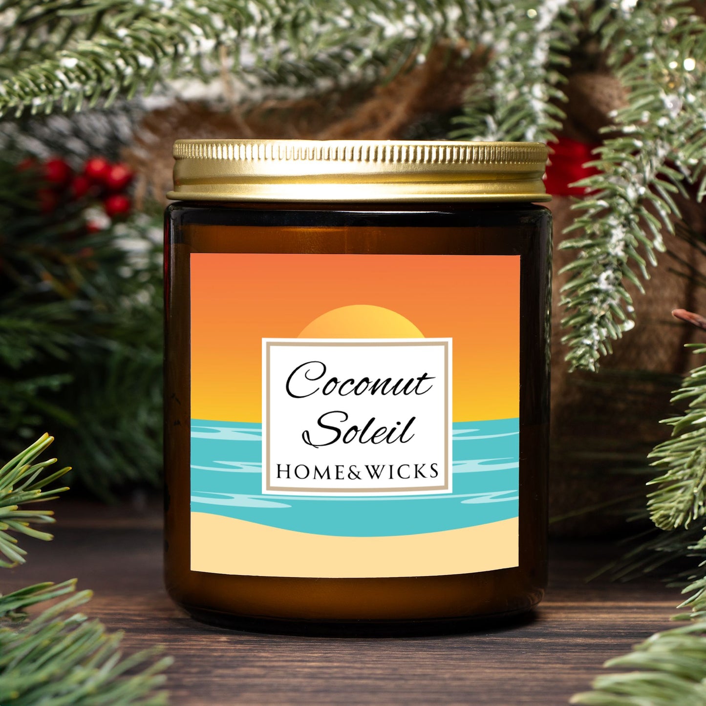 Coconut Soleil coconut apricot wax candle in an amber jar with gold lid with a colorful ocean sunset graphic label featuring 'Coconut Soleil' by Home & Wicks on a white background on a wooden surface with Christmas tree branches.