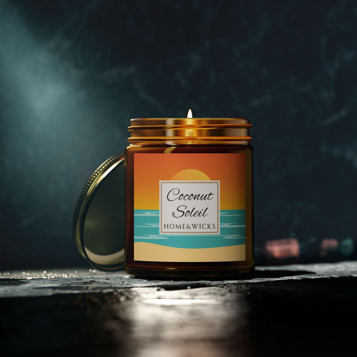 Coconut Soleil coconut apricot wax candle in an amber jar with gold lid with a colorful ocean sunset graphic label featuring 'Coconut Soleil' by Home & Wicks on a white background on a dark background