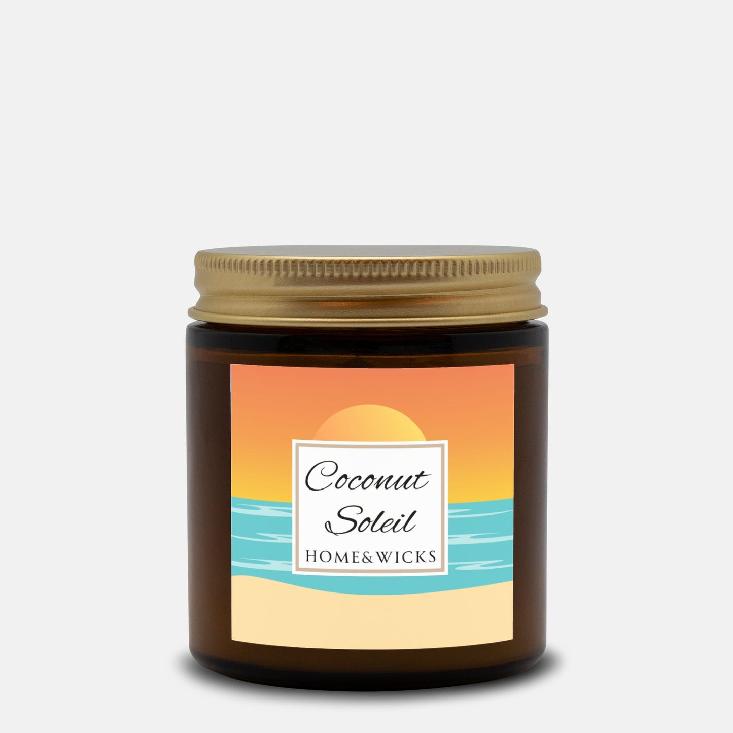 Coconut Soleil candle in 4 oz. amber glass jar with gold lid with a colorful sunset label on a white background by Home & Wicks