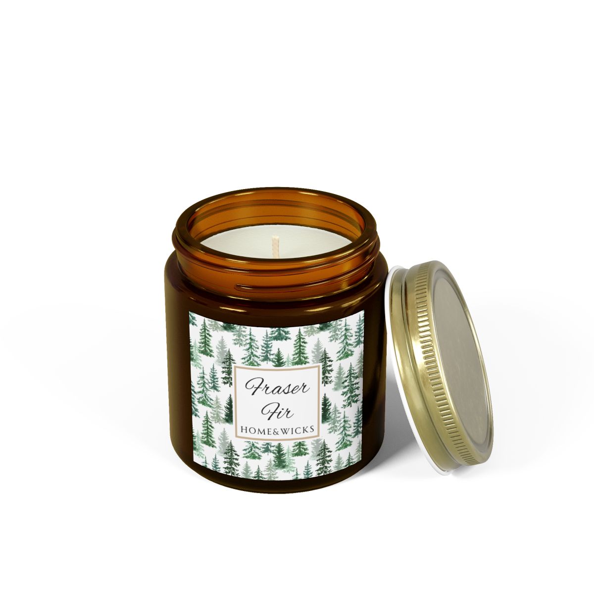 Fraser Fir Coconut Apricot Wax Candle, 4 oz. Amber Jar with Gold Lid, Cotton Wick - Christmas Candle, Holiday Decor, Winter Candle