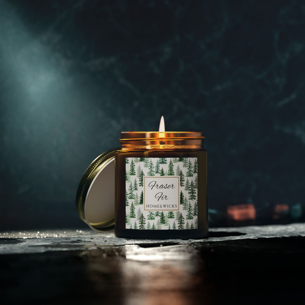 Fraser Fir Coconut Apricot Wax Candle, 4 oz. Amber Jar with Gold Lid, Cotton Wick - Christmas Candle, Holiday Decor, Winter Candle